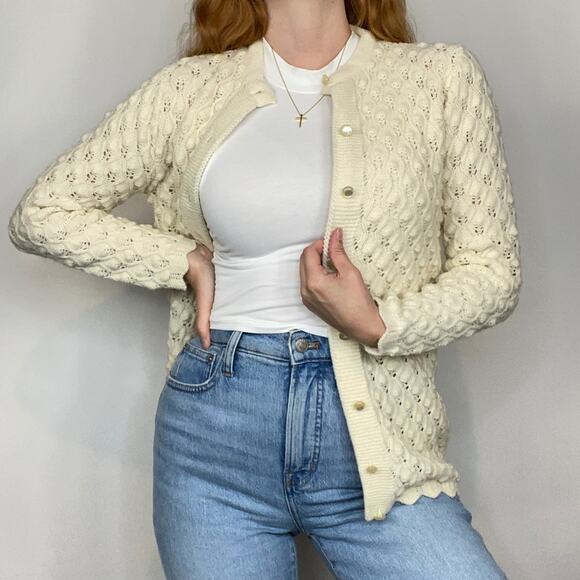 Vintage Montgomery Ward Wintuk Small Ivory Open Knit Button Front Cardigan - Picture 1 of 10